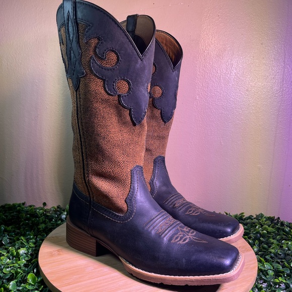 Justin Boots Shoes - JUSTIN LADIES LATTIE MIDNIGHT BLACK BROWN LEATHER PULL-ON COWGIRL BOOTS SZ 9.5B